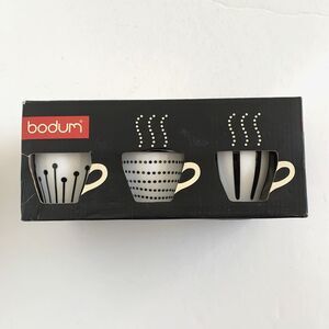 Bodum Paula Pattern Black White Espresso Demitasse Cups & Saucers 2.25" Set of 6